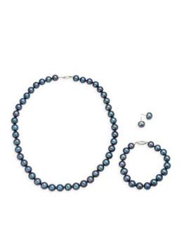 BELPEARL | Sterling Silver & Semi-Round Black Pearl Necklace, Bracelet & Earrings Set商品图片,5折