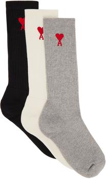 AMI | Three-Pack Multicolor Ami de Cœur Socks商品图片,额外8.5折, 独家减免邮费, 额外八五折