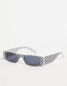 ASOS | ASOS DESIGN mini rectangle sunglasses with checkerboard design in black and white - BLACK商品图片,4.5折×额外9.5折, 额外九五折