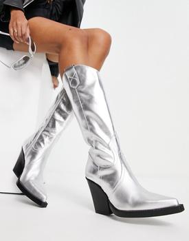 ASOS | ASOS DESIGN Camouflage premium leather western knee boots in silver商品图片,