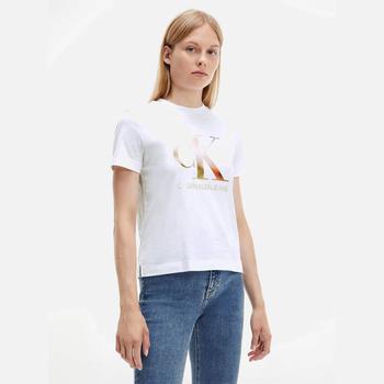 推荐Calvin Klein Jeans Women's Organic Cotton Satin Bonded Blurred Ck T-Shirt - Bright White商品