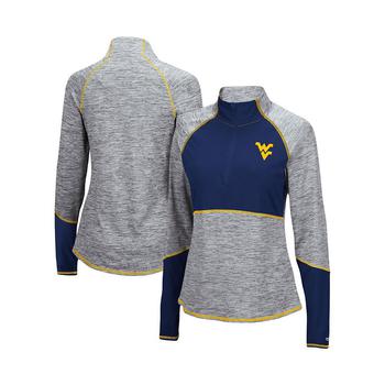 Colosseum | Women's Heathered Gray, Navy West Virginia Mountaineers Color Block Space-Dye Raglan Quarter-Zip Top商品图片,