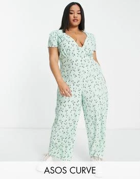 ASOS | ASOS DESIGN Curve bubble crepe cap sleeve tea button front jumpsuit in sage ditsy 5.5折