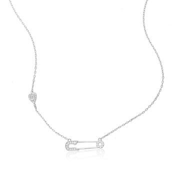 商品Adornia Safety Pin Heart Necklace Sterling Silver Crystal图片