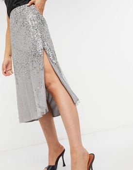 French Connection | French Connection midi skirt in silver sequin商品图片,5.5折×额外9.5折, 额外九五折