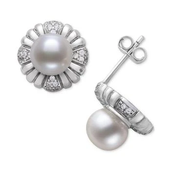 Belle de Mer | Cultured Freshwater Pearl (7-8mm) & Lab-Created White Sapphire Flower Stud Earrings in Sterling Silver 独家减免邮费