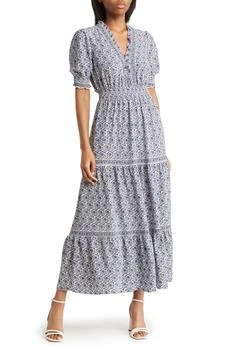 推荐V-Neck Short Puff Sleeve Floral Print Tiered Dress商品