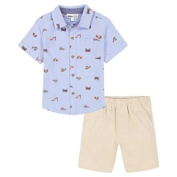 Toddler Boys Short Sleeve Printed Oxford Shirt and Twill Shorts, 2 Piece Set