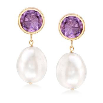 Ross-Simons | Ross-Simons 10-11mm Cultured Pearl and Amethyst Drop Earrings in 14kt Yellow Gold商品图片,7.3折