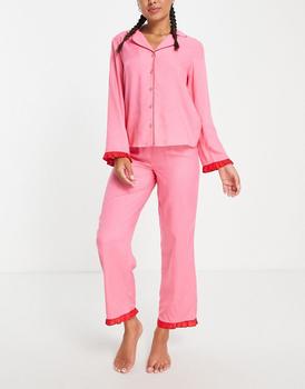 商品ASOS | ASOS DESIGN mix & match modal pyjama shirt with contrast frill in pink & red,商家ASOS,价格¥161图片
