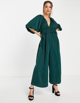 商品ASOS DESIGN plunge neck drawstring waist tea jumpsuit in teal green图片