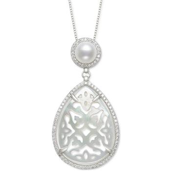 推荐Cultured Freshwater Pearl (6mm), Carved Mother-of-Pearl, & Cubic Zirconia 18" Pendant Necklace in Sterling Silver商品