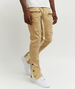 Reason Clothing | Snap & Flare Ripped And Repaired Denim Jeans - Khaki商品图片,额外8折, 额外八折