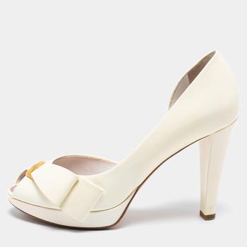 lv女鞋, [二手商品] Louis Vuitton | Louis Vuitton Off-White Patent Leather Apple Peep-Toe Platform Pumps Size 38商品图片 9.1折