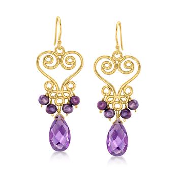 Ross-Simons | Ross-Simons 3.5-4.5mm Cultured Purple Pearl and Amethyst Drop Earrings in 18kt Gold Over Sterling商品图片,7.3折