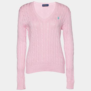 推荐Polo Ralph Lauren Pink Cotton Cable Knit V-neck Sweater M商品