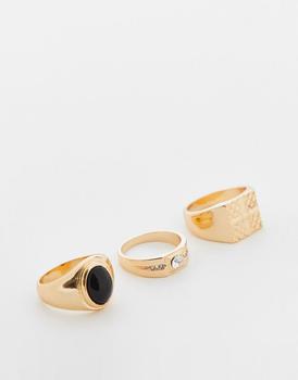 商品ASOS DESIGN 3 pack rings with black stone and crystal in gold tones图片