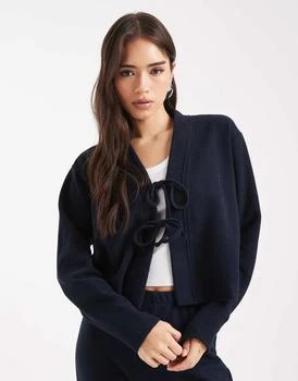 Miss Selfridge | Miss Selfridge soft rib tie front rib cardigan in navy,商家ASOS,价格¥308
