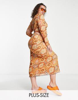 S Rothschild & CO衣服, Neon Rose Plus | Neon Rose Plus midi skirt with lettuce hem in 70s floral mesh co-ord商品图片 