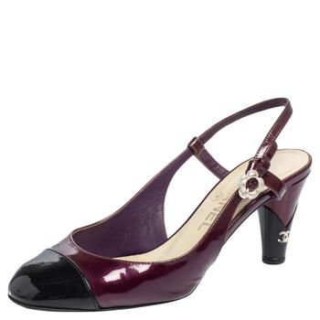 香奈儿鞋, [二手商品] Chanel | Chanel Purple/Black Patent Leather Cap Toe Slingback Sandals Size 37商品图片 6.1折, 满1件减$100, 满减