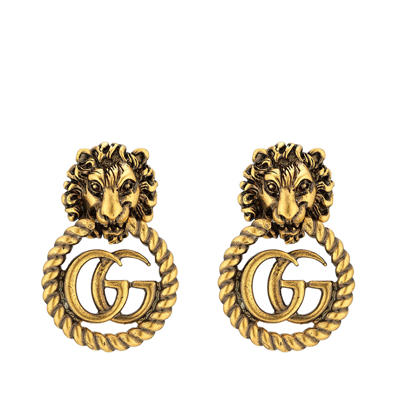 商品GUCCI/古驰 Double G系列 金色金属狮子头双G带梭芯花边耳环605857I46000933图片
