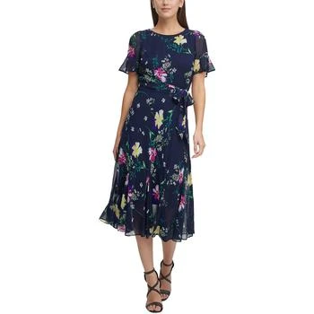 推荐DKNY Womens Petites Floral Print Midi Fit & Flare Dress商品