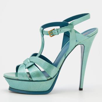 Yves Saint Laurent | Yves Saint Laurent Mint Green Textured Patent Leather Tribute Platform Sandals Size 41商品图片,6.7折