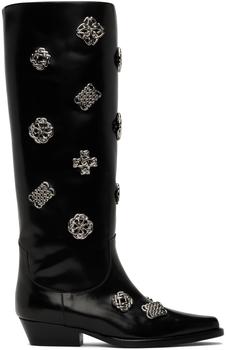 Toga Pulla | SSENSE Exclusive Black Leather Embellished Tall Boots商品图片,独家减免邮费