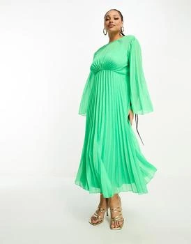ASOS | ASOS DESIGN Curve tie back fluted sleeve pleated midi dress in green 