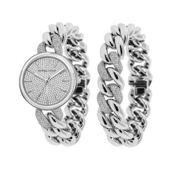 KENDALL & KYLIE | Women's Silver Tone and Crystal Chain Link Stainless Steel Strap Analog Watch and Bracelet Set 