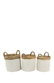 商品White Seagrass Handmade Two-Tone Storage Basket with Handles - Set of 3图片
