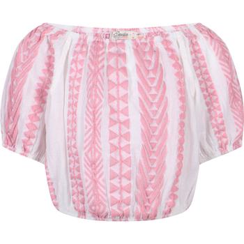 推荐Geometric print cold shoulders cropped blouse in pink and white商品