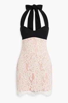 推荐Two-tone crepe-paneled lace halterneck mini dress商品
