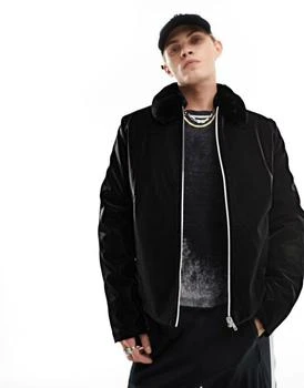 ASOS | ASOS DESIGN high shine faux leather jacket with faux fur collar in black 5.5折, 独家减免邮费