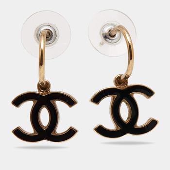 [二手商品] Chanel | Chanel Gold Tone Black Enamel CC Drop Earrings商品图片,满1件减$100, 满减