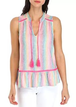 推荐Women's Sleeveless Rainbow Stripe Crochet Peasant Top商品