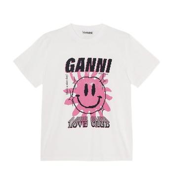 Ganni直邮, Ganni | 欧洲直邮GANNI 女士白色有机棉LOVE CLUB印花圆领宽松休闲短袖T恤商品图片 额外8.2折x额外9折, 额外八二折, 额外九折