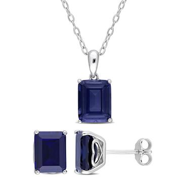 商品8 4/5 CT TGW Emerald-Cut and Octagon Created Blue Sapphire 2-Piece Solitaire Pendant with Chain and Stud Earrings Set in Sterling Silver图片