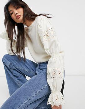 product & Other Stories recycled wool jumper with broderie sleeves in off white image