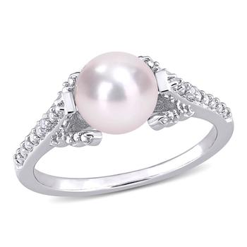 商品7-7.5mm Freshwater Cultured Pearl and Diamond Accent Vintage Ring in Sterling Silver图片