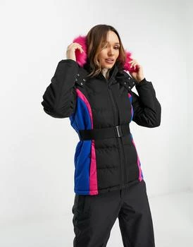 推荐Threadbare Ski puffer jacket with faux fur trim hood in black and pink商品