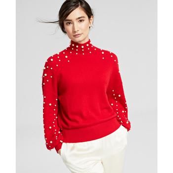 Charter Club | Cashmere Imitation-Pearl Embellished Mock-Neck Sweater, Created for Macy's商品图片,7.5折×额外8折, 额外八折