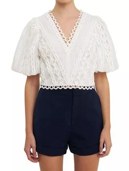 推荐Laced V-Neck Puff Sleeve Top商品