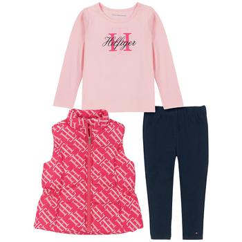 Tommy Hilfiger | Little Girls Logo Print Puffer Vest, Logo T-shirt and Leggings, 3 Piece Set商品图片,4折