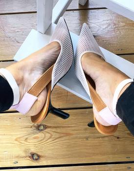 推荐ASOS DESIGN Sofi angled heel mid shoes in beige mesh商品