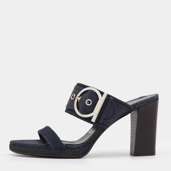 gancini, Salvatore Ferragamo | Salvatore Ferragamo Blue Leather And Denim Gancini Slide Sandals Size 36.5商品图片 