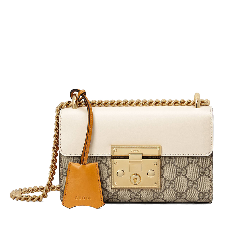 古驰链条包, Gucci | GUCCI/古驰 Padlock系列 女士小号米色/乌木色GG Supreme帆布白色皮革链条单肩斜挎包商品图片 7.9折×额外9.5折, 包邮包税, 额外九五折
