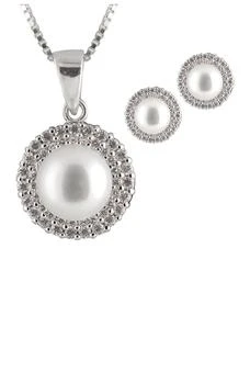 Splendid Pearls | 8-8.5mm Grey Freshwater Pearl & CZ Double Halo Pendant Necklace & Stud Earrings Set 独家减免邮费