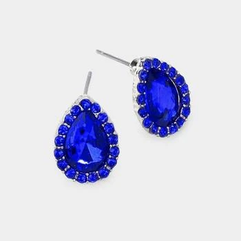 FASHNZFAB | Teardrop Stone Evening Stud Earrings - Rhodium, Sapphire,商家Premium Outlets,价格¥138