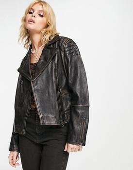 推荐Bershka real leather washed out leather jacket in black商品